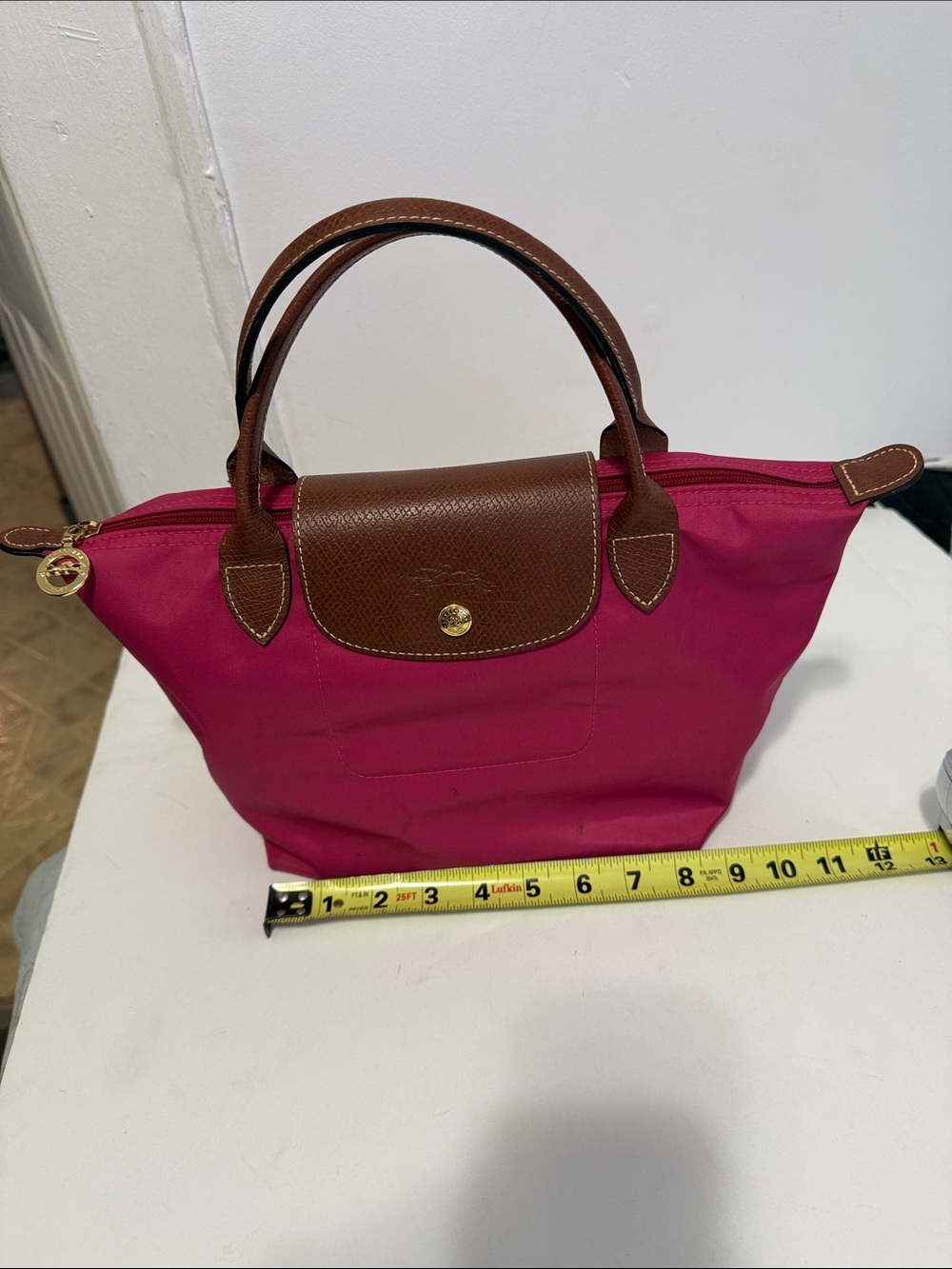 Longchamp Pink Nylon Tote with Brown Leather Trim